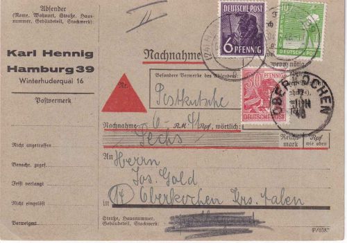 All.Bes. - 30+10+6 Pfg. Arbeiter Nachnahme-Drucksache Hamburg - Oberkochen 1946