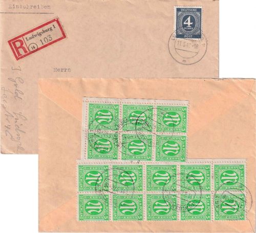 AM-Post - 16x5 Pfg. + 4 Pfg. Ziffer Einschreibebrief Ludwigsburg Weingarten 1946