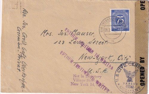 All.Bes. - 75 Pfg. Ziffer Zensurbrief n. USA Oberkochen - New York 1947 Retour