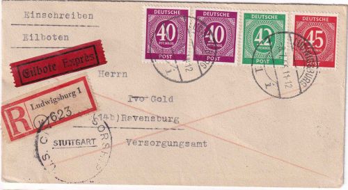 All.Bes. - 42+2x40+45 Pfg. Ziffer Eil-Einschreibebrief Ludwigsburg 1946 Zensur
