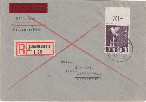 All.Bes. - 2 M. Taube Oberrand Eil-Einschreibebrief Ludwigsburg Ravensburg 1948