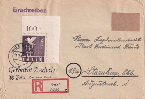 All.Bes. - 2 M. Taube Bogenecke Einschreibebrief Gera - Starnberg 1947