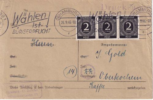 All.Bes. - 3x2 Pfg. Ziffer Drucksachenbrief Hamburg - Oberkochen 1946