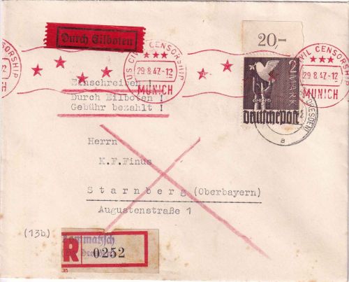 All.Bes. - 2 M. Taube Oberrand Eilboten-Einschreibebrief Lommatzsch 1947