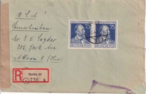 All.Bes. - 75 Pfg. Stephan waagr. Paar Einschreibebrief n. USA Berlin W30 1948