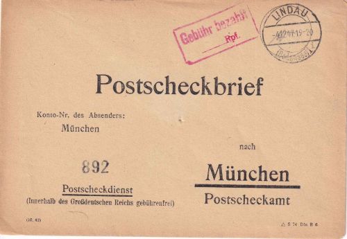 All.Bes. - Lindau 4.12.47 Gebühr bezahlt Rpf. roter Ra2 Postscheckbrief
