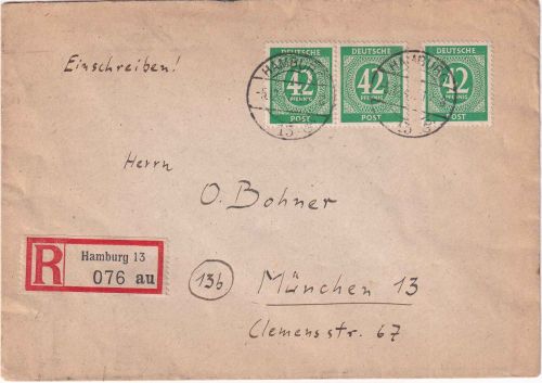 All.Bes. - 3x42 Pfg. Ziffer Einschreibebrief Hamburg - München 1947