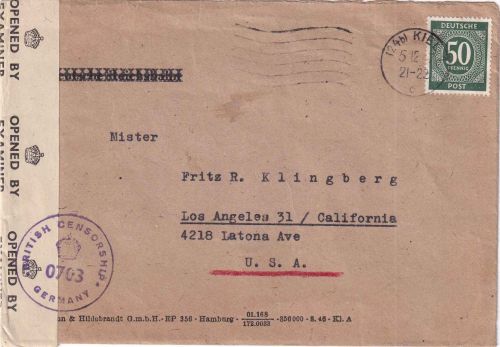 All.Bes. - 50 Pfg. Ziffer Zensurbrief n. USA Kiel - Los Angeles 5.12.47