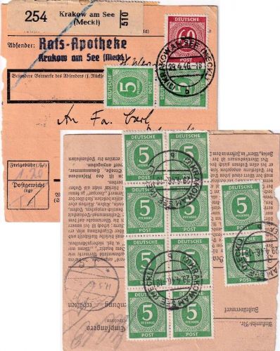 All.Bes. - 60+12x5 Pfg. Ziffer Paketkarte Krakow a. See - Gotha 29.4.46
