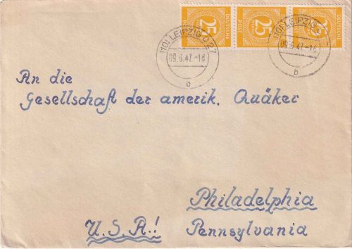All.Bes. - 3x25 Pfg. Ziffer Brief n. USA Leipzig - Philadelphia 1947