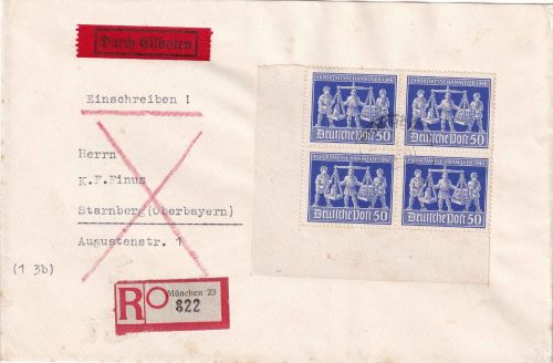 All.Bes. - 50 Pfg. Exportmesse 4er-Block/Bogenecke Eil-Einschreibebrief 1948