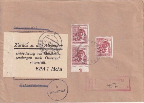 All.Bes. - 3x60 Pfg. Arbeiter R-Brief n. ÖSTERREICH Starnberg 1948 Retour