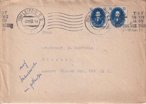 DDR - 2x12 Pfg. Akademie Brief Leipzig - München 2.11.50