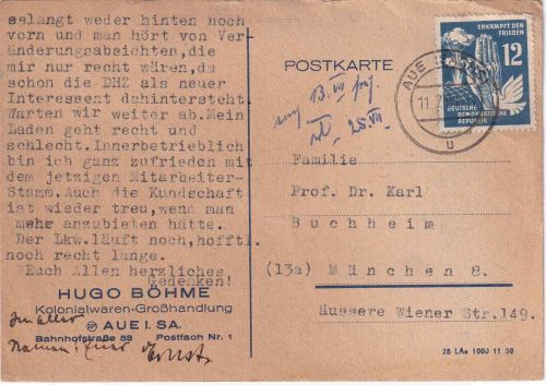 DDR - 12 Pfg. Frieden Karte Aue - München 11.7.51 - Empfänger !