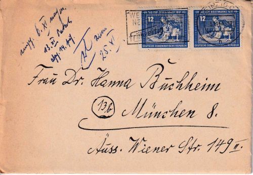 DDR - 2x12 Pfg. Tag d. Briefmarke Brief Leipzig - München 6.11.51 - Empfänger !