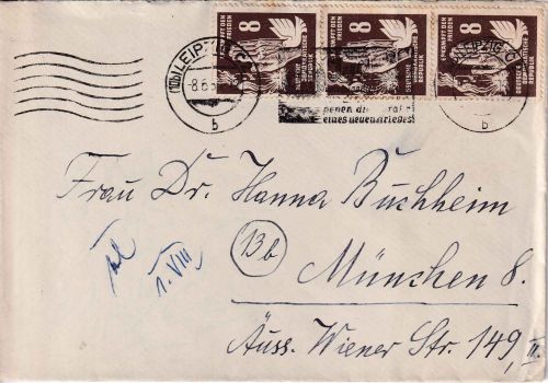 DDR - 3x8 Pfg. Frieden Brief Leipzig - München 8.6.51
