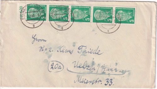 DDR - 5 Pfg. Pieck senkr. 5er-Streifen/Oberrand Brief Frankfurt a/O. 5.2.53