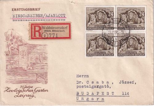 DDR - 24 Pfg. Leipziger Zoo 4er-Block Einschreibebrief n. UNGARN 1953