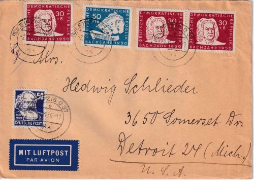 DDR - 3x30+50 Pfg. J.S. Bach u.a. Luftpostbrief n. USA Leipzig - Detroit 2.11.50
