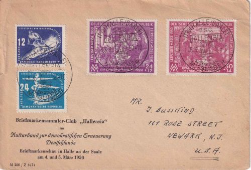 DDR - Leipziger Frühjahrsmesse + Wintersport Brief n. USA SST Halle 5.3.50
