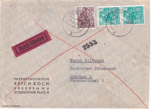 DDR - 84+2x10 Pfg. 5-Jahresplan Eilbrief Dresden - München 1954