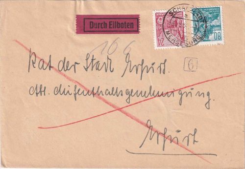 DDR - 80+24 Pfg. 5-Jahresplan Eilbrief Schafstädt ü. Merseburg - Erfurt 1954