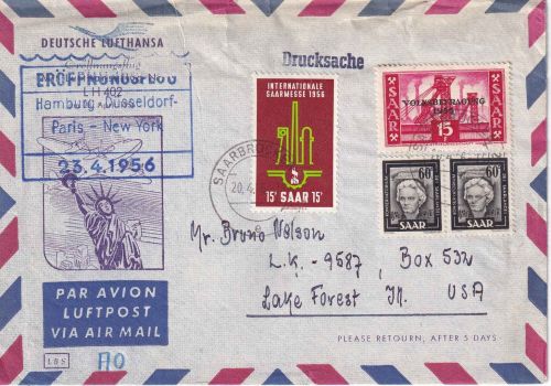 Saar - Lufthansa Erstflug Hamburg/New York Zuleitungspost ab Saarbrücken 20.4.56