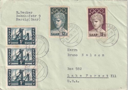 Saar - 12+15 Fr. Olympiade u.a. Brief n. USA merzig - lake Forest 1956