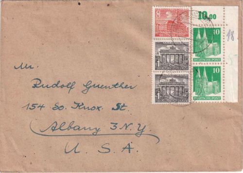 Bizone/Berlin - 2x10+8+2x1 Pfg. Mischfrankatur brief n. USA Lengerich 1949