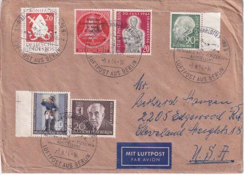 Berlin/BRD - 90 Pfg. Heuss ua. Luftpostbrief n. USA SST B.-Charlottenburg 5.8.54
