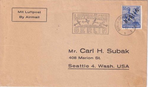 Berlin - 50 Pfg. Schwarzaufdruck Luftpostbrief n. USA Luftbrücken-Stpl. 18.10.48