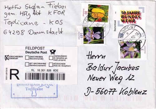 BRD - Toplicane 2008 KFOR Kosovo Feldpost-Einschreibebrief n. Koblenz