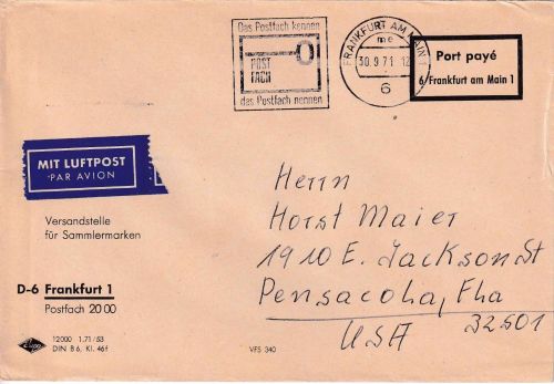BRD - Frankfurt a.M. Luftpost-Postsache "Port paye" n. USA 1971