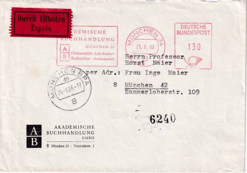 BRD - München 34 130 Pfg. AFS Akademische Buchhandlung Ortseilbrief 1966