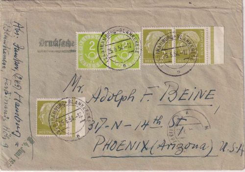 BRD - 5x2 Pfg. Posthorn/Heuss Drucksachenbrief n. USA Hamburg-Blankenese 25.6.54