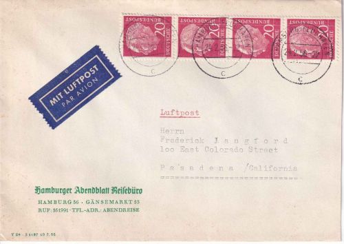 BRD - 20 Pfg. Heuss 4er-Streifen Luftpostbrief n. USA Hamburg-Flughafen 1956
