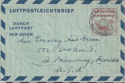 BRD - 60 Pfg. Luftpostfaltbrief n. USA Fellbach - St. Petersburg 21.6.53