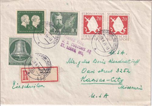 BRD - 2x20 Pfg. Hl. Bonifatius ua Einschreibebrief n. USA Bensheim-Auerbach 1954