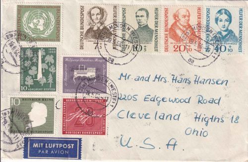 BRD - Wohlfahrt 1955 u.a. Luftpostbrief n. USA Minden - Cleveland 1956