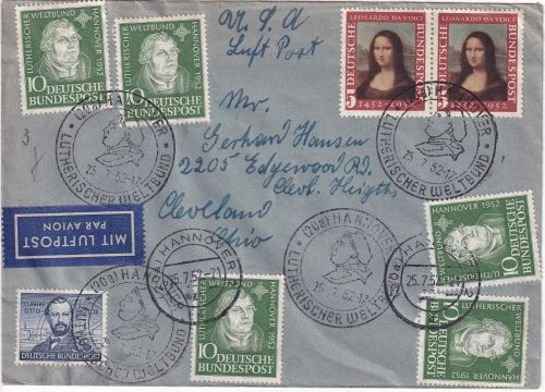 BRD - 5x10 Pfg. Luther u.a. Luftpostbrief/FDC n. USA ESST Hannover 25.7.52