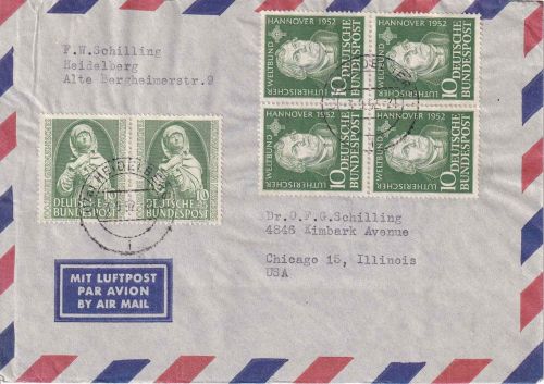 BRD - 2x10 Pfg. Germ. Museum u.a. Luftpostbrief n. USA Heidelberg Chicago 3.9.52