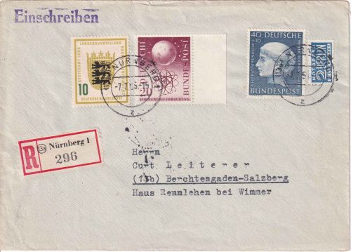 BRD - 40 Pfg. Wohlfarth u.a. Einschreibebrief Nürnberg - Berchtesgaden 1955