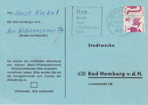 BRD - 40 Pfg. UV Automatenverschnitt Ortskarte Bad Homburg 1974