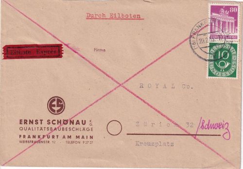 Bizone/BRD - 80+10 Pfg Bauten/Posthorn Eilbrief i.d. SCHWEIZ Frankfurt a/M. 1953