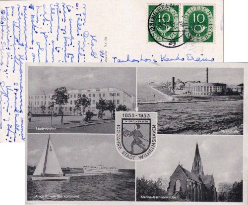BRD - 10 Pfg. Posthorn waagr. Paar Karte n. FINNLAND Wilhelmshaven 1953