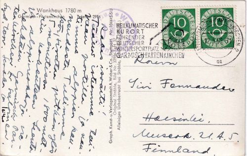 BRD - 10 Pfg. Posthorn waagr. Paar Karte n. FINNLAND Garmisch-Partenkirchen 1952