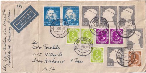 BRD - 2x30 Pfg. Reis u.a. Luftpostbrief n. USA Karlsruhe - San Antonio 1953