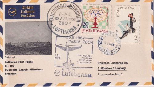 Rumänien - Lufthansa Erstflug Bukarest/München Luftpostbrief 28.8.1967
