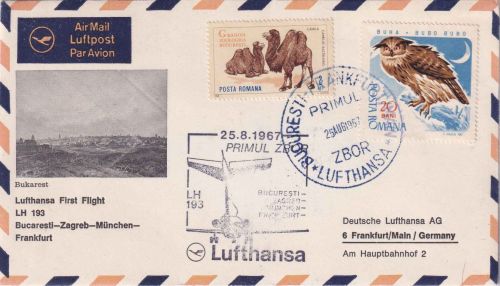 Rumänien - Lufthansa Erstflug Bukarest/Frankfurt a/M Luftpostbrief 28.8.1967