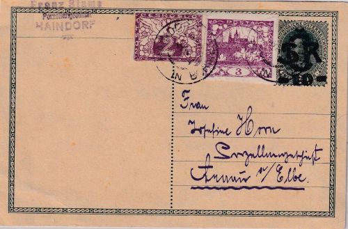 Tschechoslowakei - 10/8 H. GA-Aushilfsausgabe + Zusatz Haindorf 3.7.19